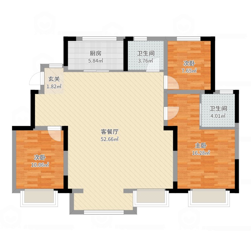 正荣府3室2厅2卫1厨127.00㎡户型图