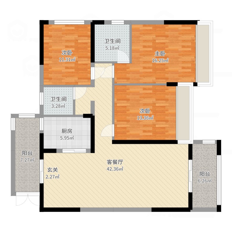 鼎盛中央城二期3室2厅2卫1厨142.00㎡户型图