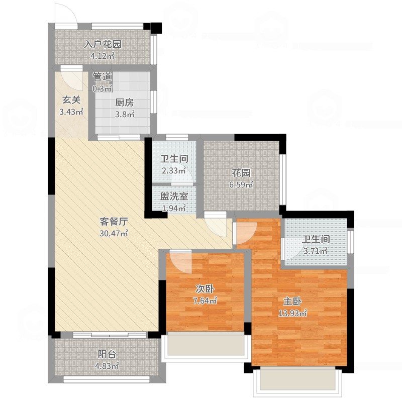 华发又一城2室2厅2卫1厨97.00㎡户型图