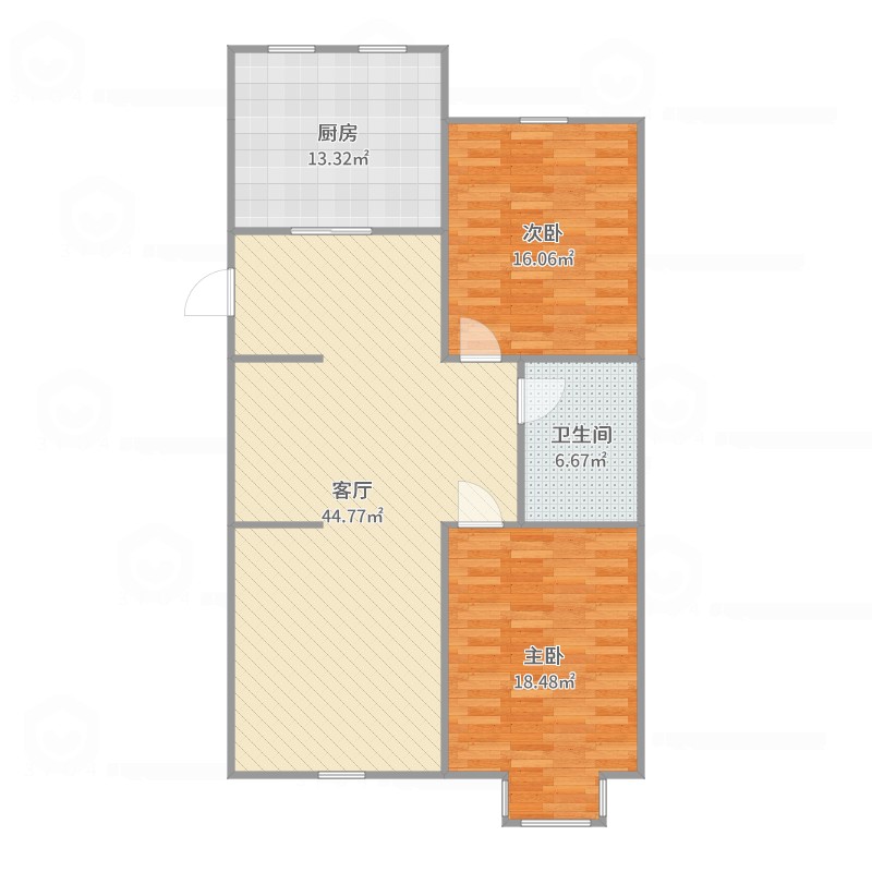 g3两室两厅一卫2室1厅1卫1厨124.00㎡户型图