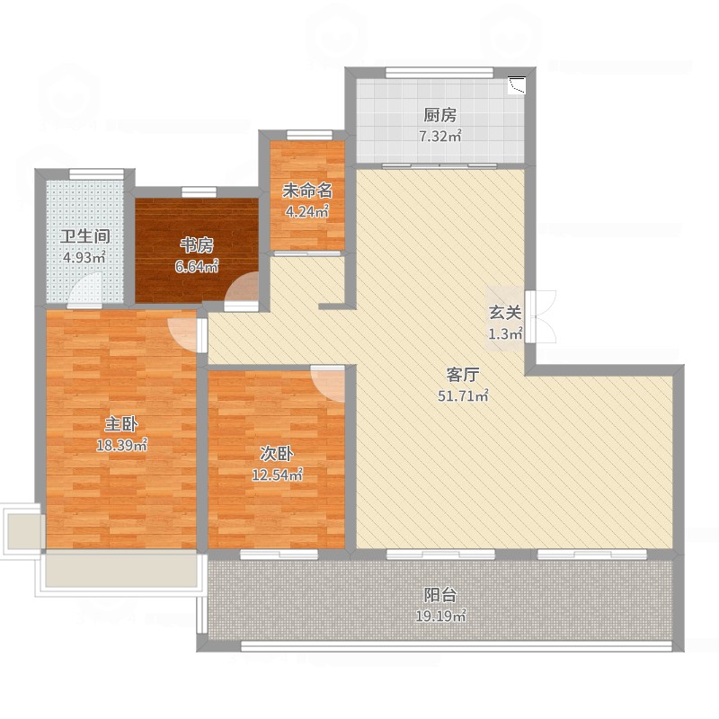 文一塘溪津门3室1厅1卫1厨160.00㎡户型图