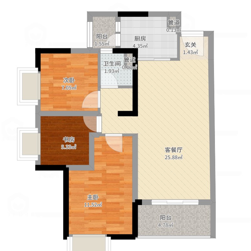 韶关印象岭南奥园文化旅游城3室2厅1卫1厨92.00㎡户型图