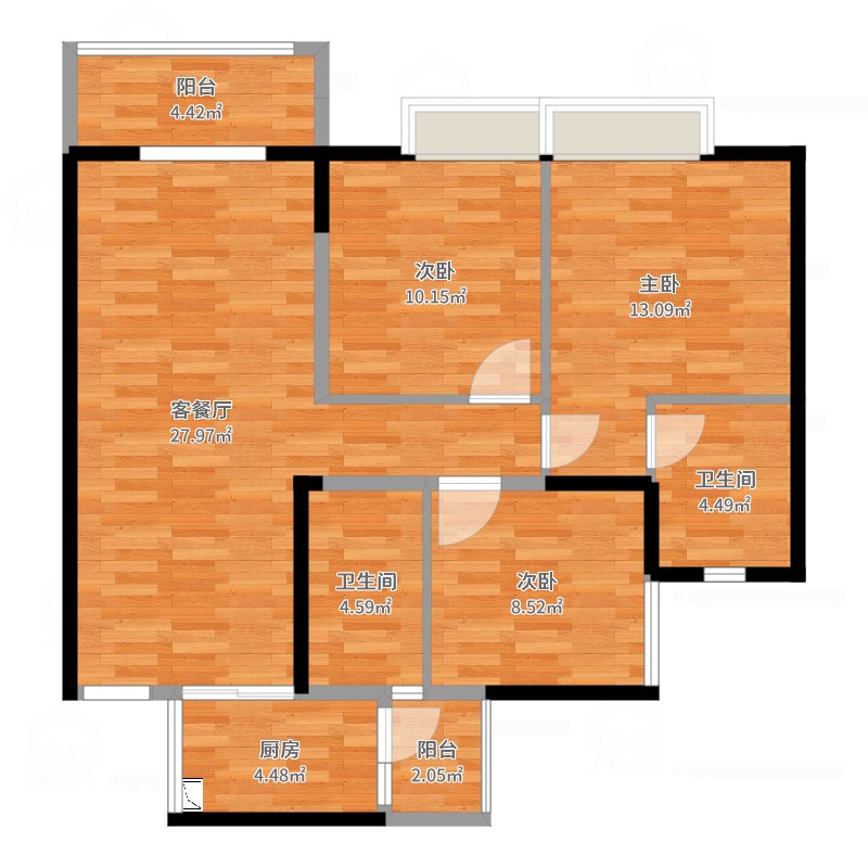 三利麓山城3室2厅2卫1厨101.00㎡户型图