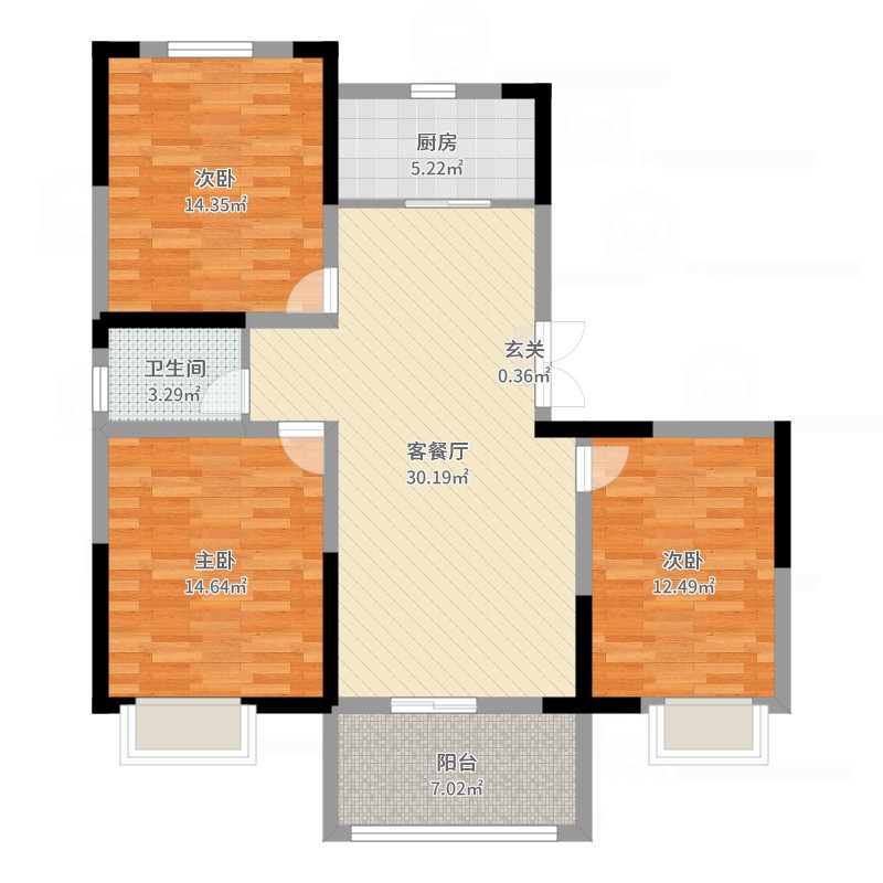 荣盛首府3室2厅1卫1厨109.00㎡户型图