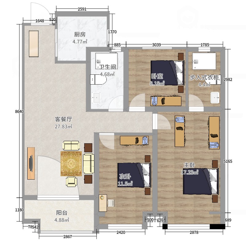 华勤.幸福里2室2厅1卫1厨106.00㎡户型图