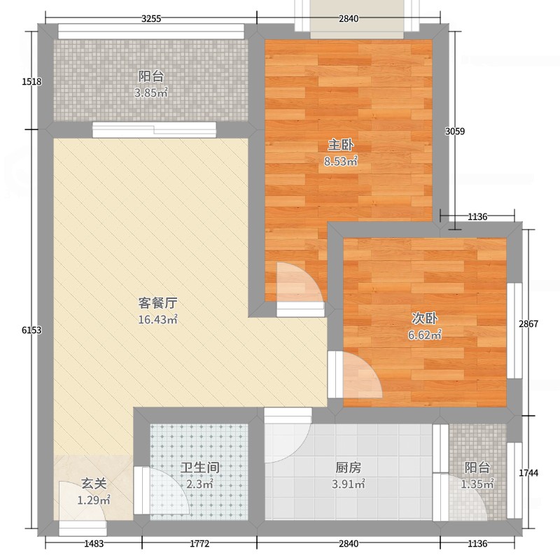 空港佳园公租房2室2厅1卫1厨56.00㎡户型图