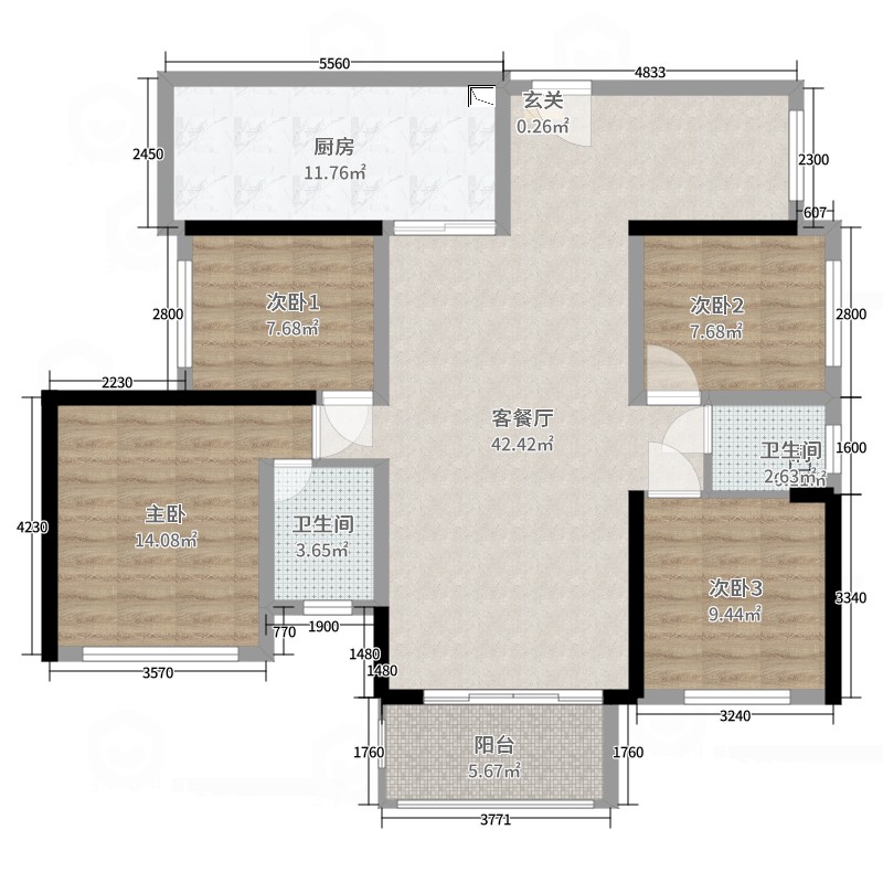 碧桂园中环一号1室2厅2卫1厨106.90㎡户型图