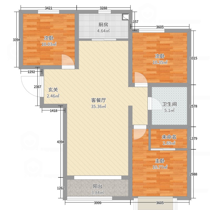 锦绣家园3室2厅1卫1厨104.00㎡户型图