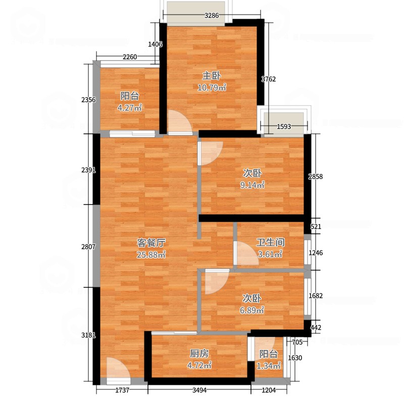 坤宜福苑3室2厅1卫1厨78.00㎡户型图