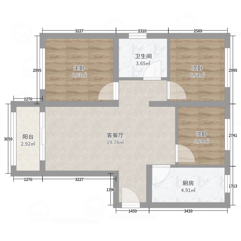 金通阳光苑3室2厅1卫1厨66.00㎡户型图