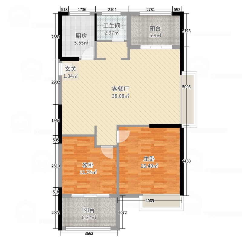 甬樾湾(建设中)2室2厅1卫1厨111.00㎡户型图