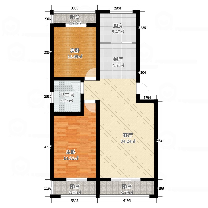 御龙瀚府2室1厅1卫1厨114.00㎡户型图