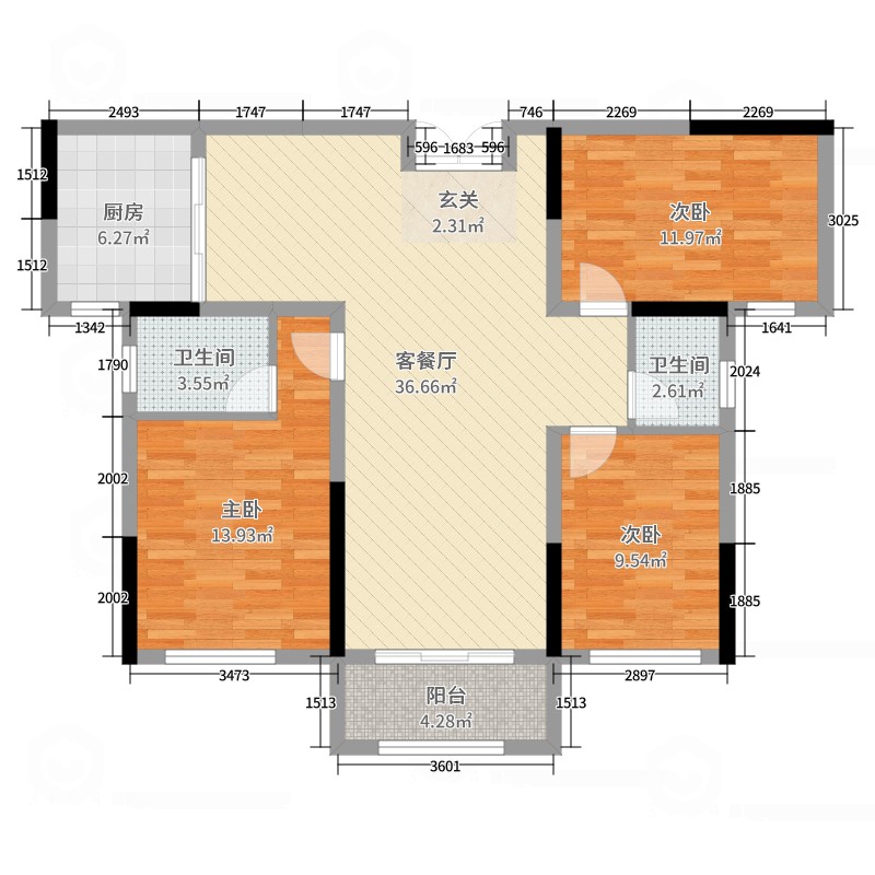 苏通国际新城聚贤苑3室2厅2卫1厨111.00㎡户型图