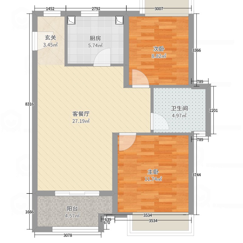 红星紫郡2室2厅1卫1厨79.00㎡户型图