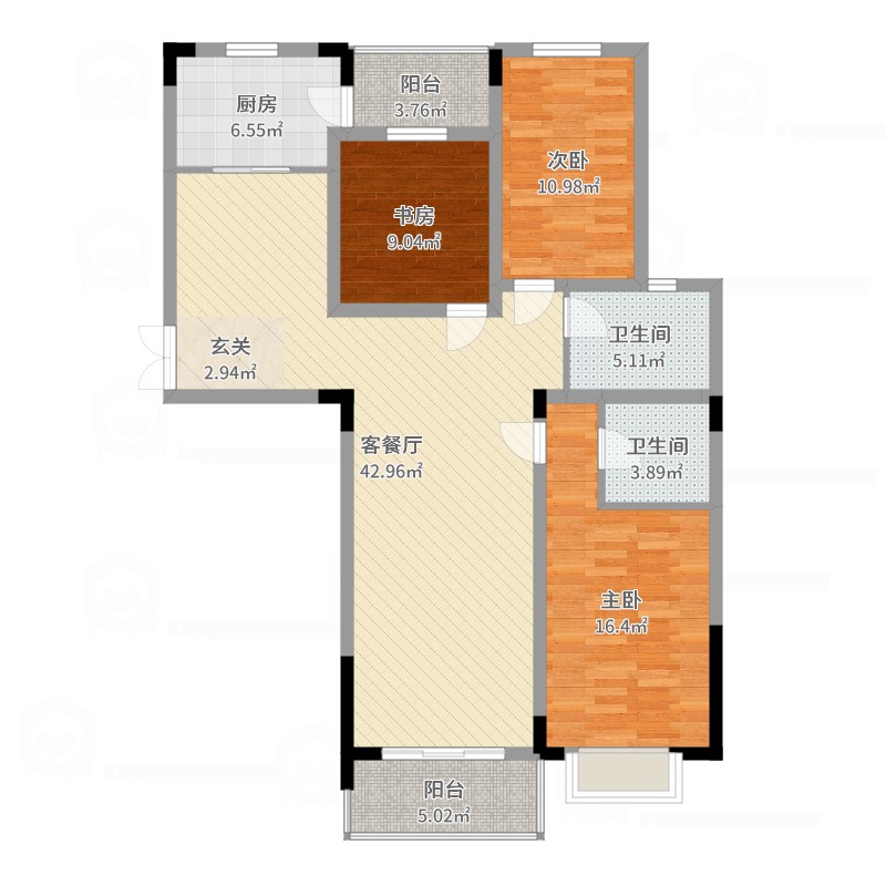 永利广场3室2厅2卫1厨132.00㎡户型图