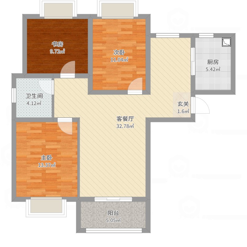 阳光水岸3室2厅1卫1厨102.00㎡户型图