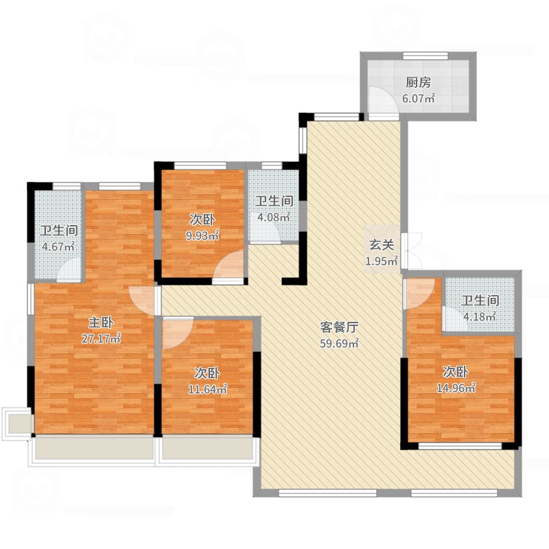 荣盛首府4室2厅3卫1厨180.00㎡户型图