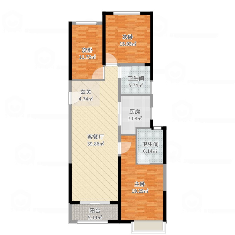 鑫苑国际新城3室2厅2卫1厨138.00㎡户型图