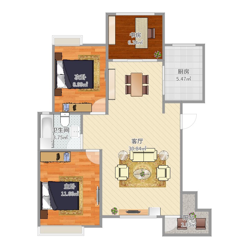 新城盛景e区3室1厅1卫1厨89.00㎡户型图