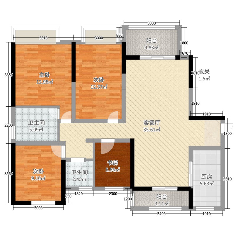偃师橄榄城4室2厅2卫1厨124.00㎡户型图