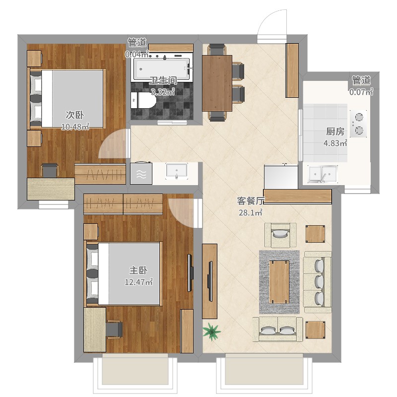 东鸿·艺境74.17㎡3-5#建筑74.17㎡户型2室2厅1卫1厨-副本