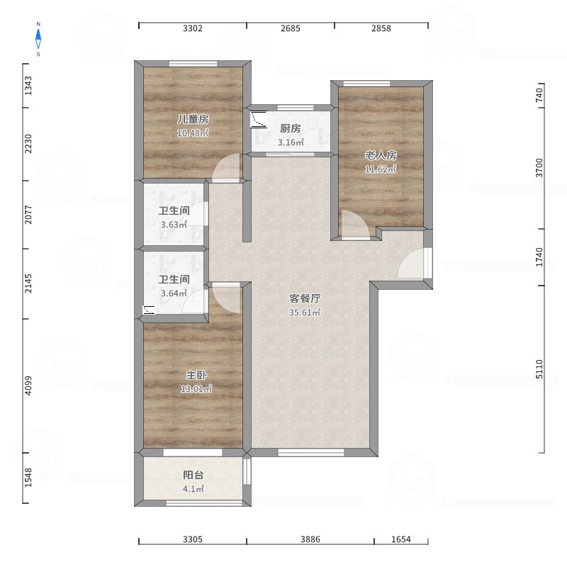 秦皇岛市金屋秦皇半岛户型图_3室0厅1卫2厨_107平米-酷家乐