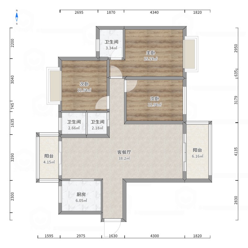 西安市润景怡园户型图_3室1厅1卫2厨_136平米-酷家乐