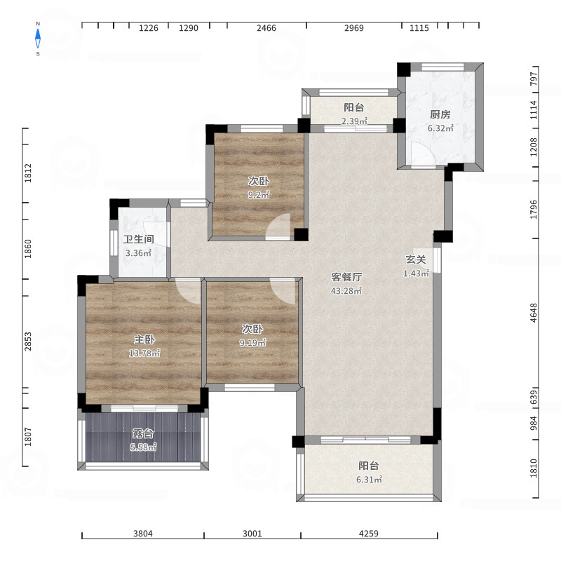 百步亭江南郡115.00㎡a5-1户型3室3厅1卫1厨