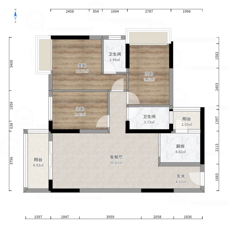 兴达御景城3室2厅2卫1厨99.00㎡户型图户型图