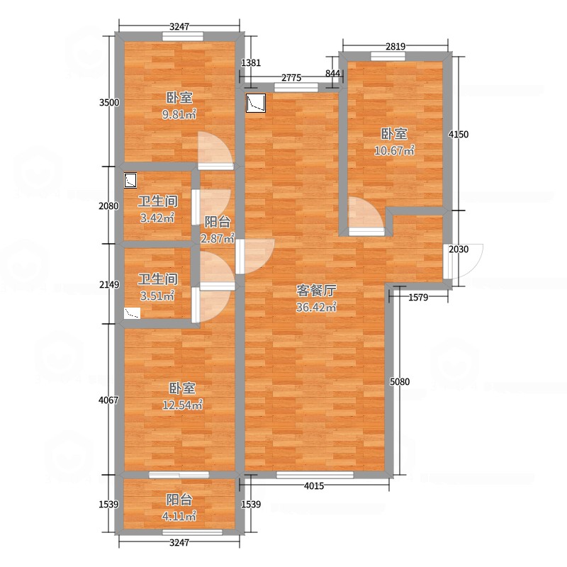 秦皇岛市金屋秦皇半岛户型图_3室0厅1卫2厨_107平米-酷家乐