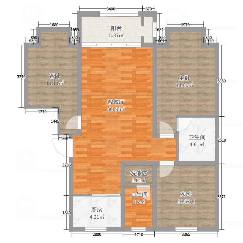 汇丰格瑞斯小镇小区3室2厅2卫1厨109.00㎡户型图