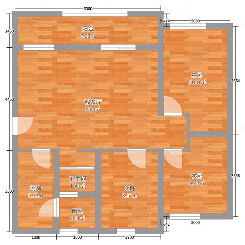 玉兴康城3室2厅1卫1厨97.00㎡户型图