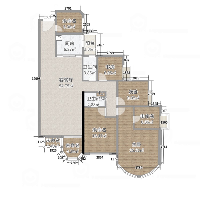 珠江帝景苑克莱国际公寓-b栋3室2厅2卫1厨187.00㎡户型图