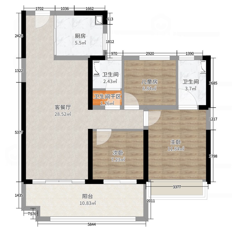 汴河小镇3室2厅2卫1厨96.00㎡户型图