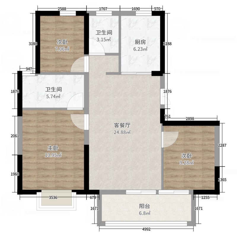 大华锦绣四季3室2厅2卫1厨99.00㎡户型图