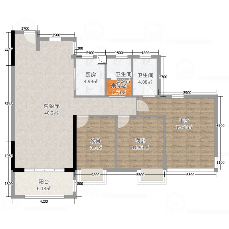 荆门楚荣雅苑3室2厅2卫1厨123.00㎡户型图 酷家乐云设计