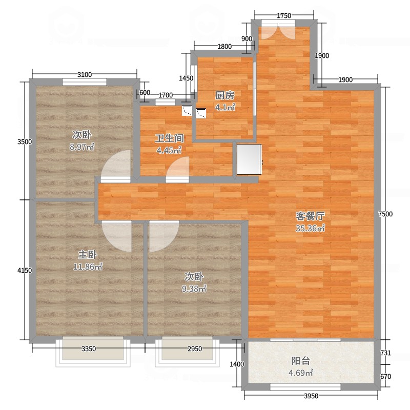 中建锦绣城五期和园3室2厅1卫1厨100.00㎡户型图