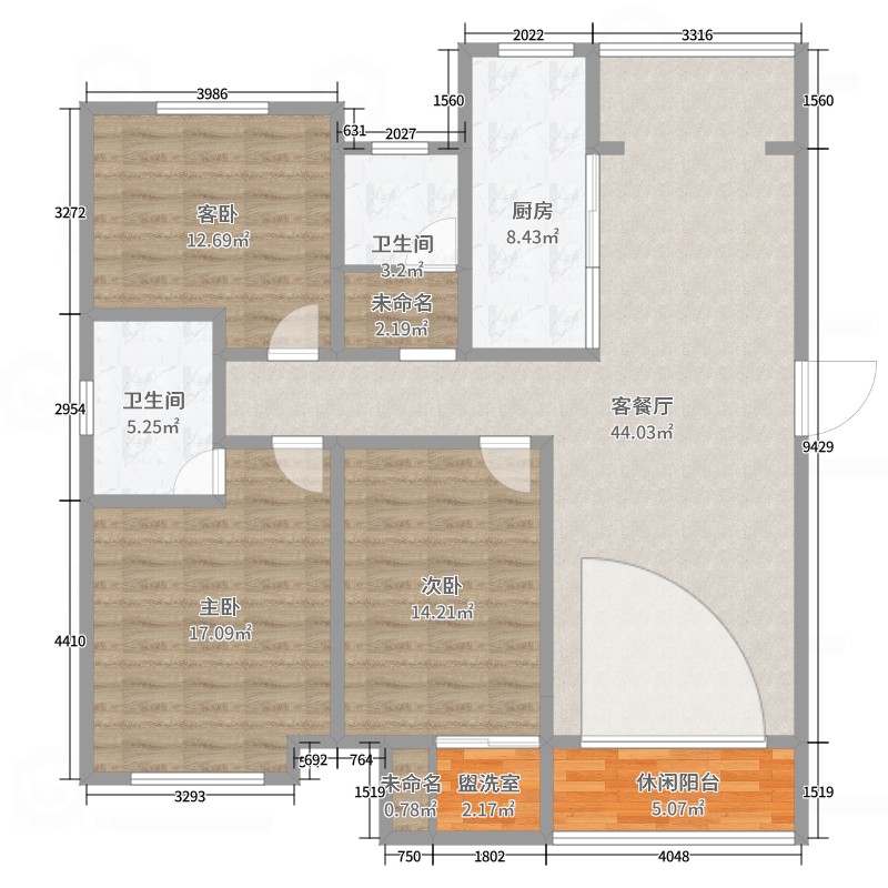 宝德新里程3室2厅2卫1厨123.00㎡户型图