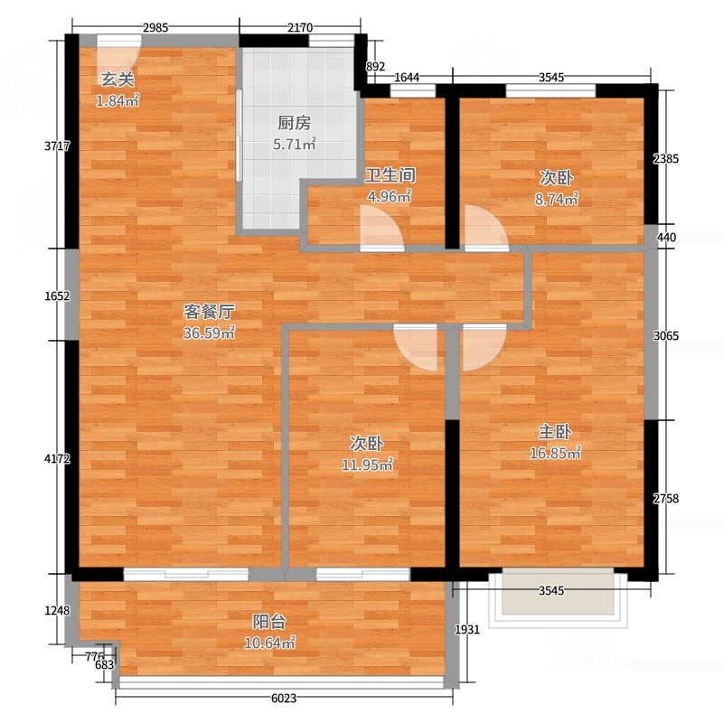 恒润郁洲府3室2厅1卫1厨119.00㎡户型图