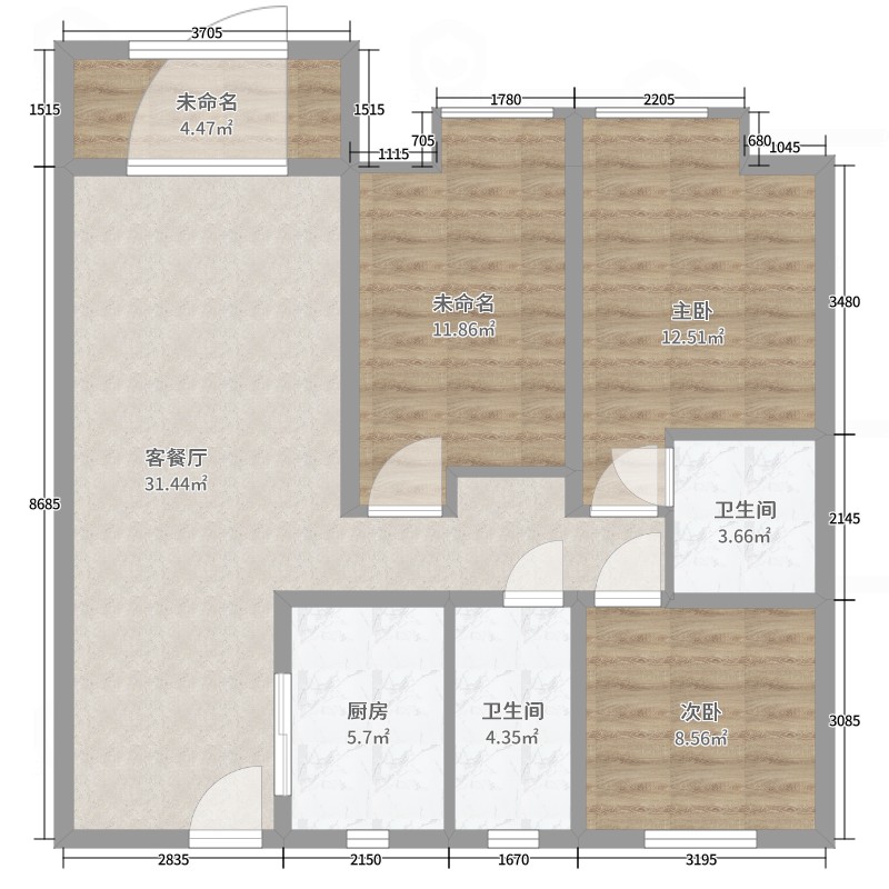 保利拉菲公馆(建设中)2室2厅2卫1厨101.00㎡户型图