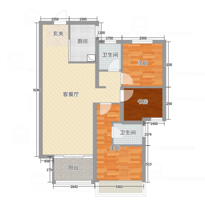 绿都澜湾6期枫园3室2厅2卫1厨87.00㎡户型图