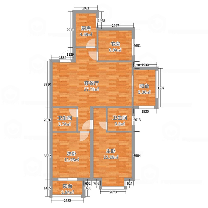 绿都澜湾六期5号楼建面3室2厅2卫1厨104.00㎡户型图