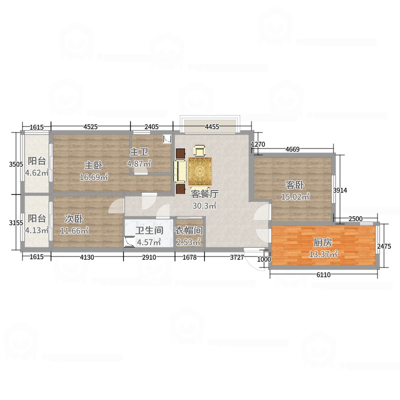 太铁龙兴苑3室2厅1卫1厨137.00㎡户型图