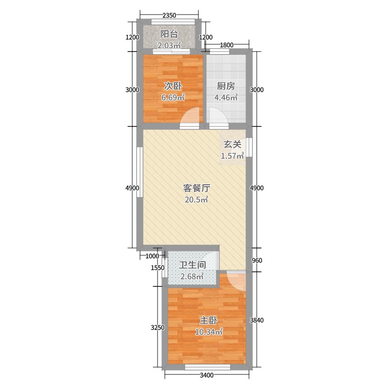 绿海家园2室2厅1卫1厨77.00㎡户型图