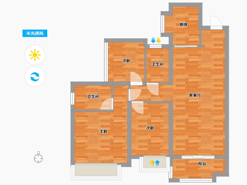 广东省-广州市-中海花湾壹号C2,C3栋98m2-74.08-户型库-采光通风