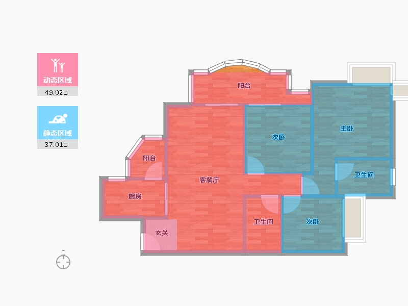 广东省-广州市-祈福万景峰102平三房两厅两卫102m²-78.74-户型库-动静分区