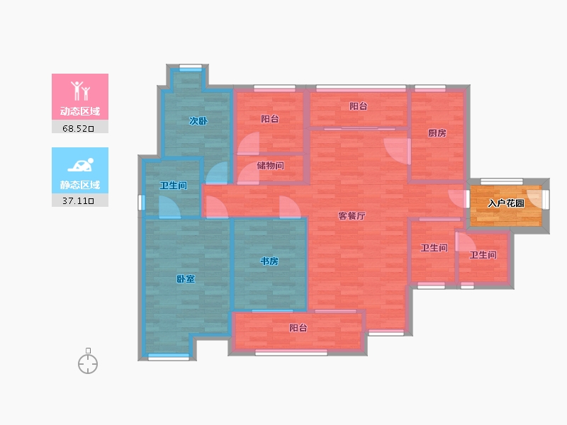 广东省-广州市-实地蔷薇国际G11栋G12栋E户型117m²-98.45-户型库-动静分区