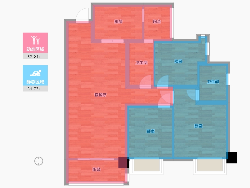 广东省-广州市-时代天汇1栋,3栋01户型96m²-76.52-户型库-动静分区