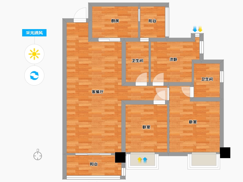 广东省-广州市-时代天汇1栋,3栋01户型96m²-76.52-户型库-采光通风