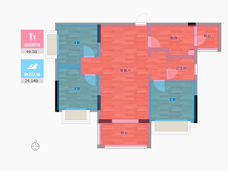 重庆-重庆市-协信哈罗国际中国9号地块1号楼套内70m²-65.64-户型库-动静分区